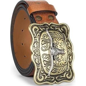 western cowboy belt for women men vintage floral engraved bull head buckle